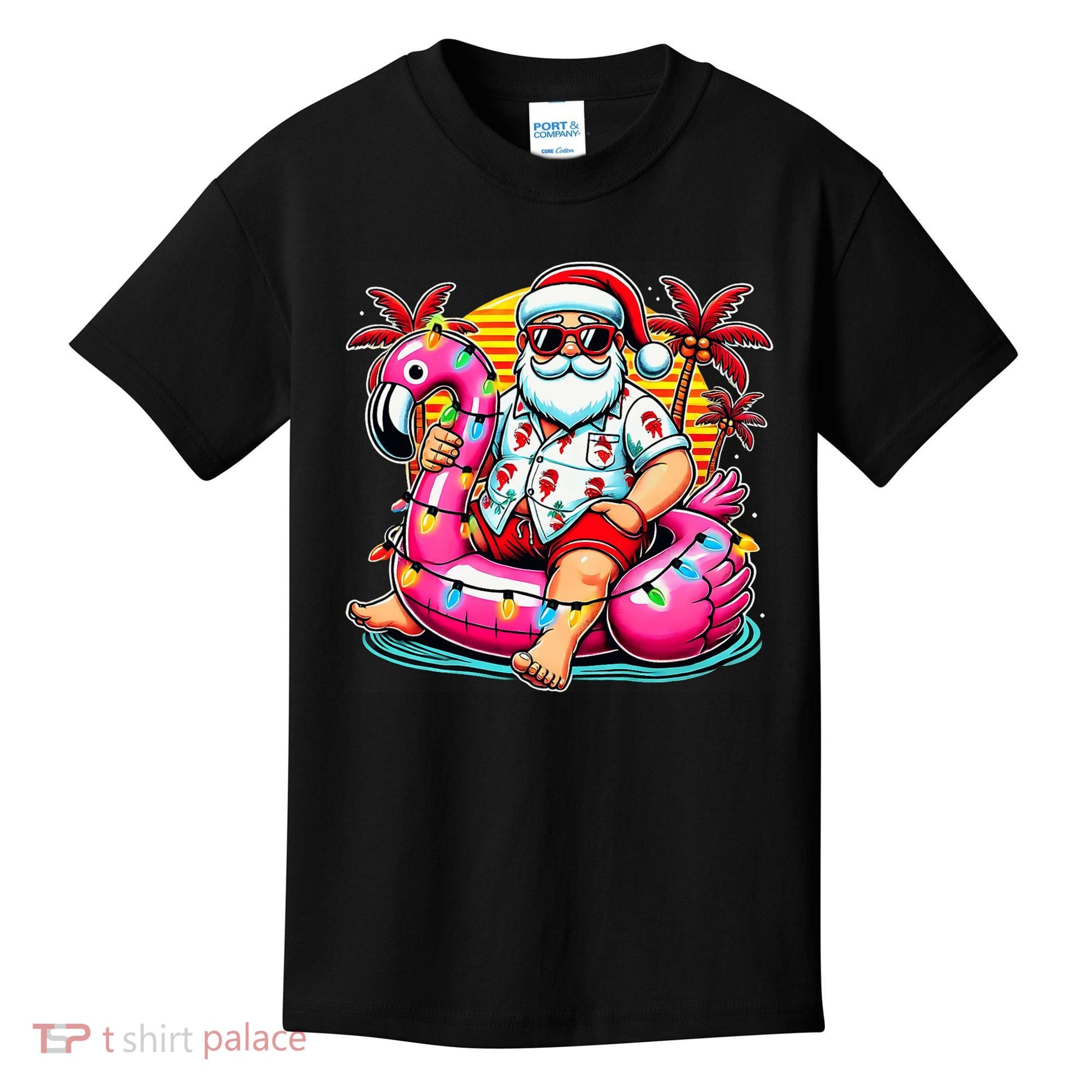 Christmas In July Santa Flamingo Float Summer Xmas Kids T-Shirt