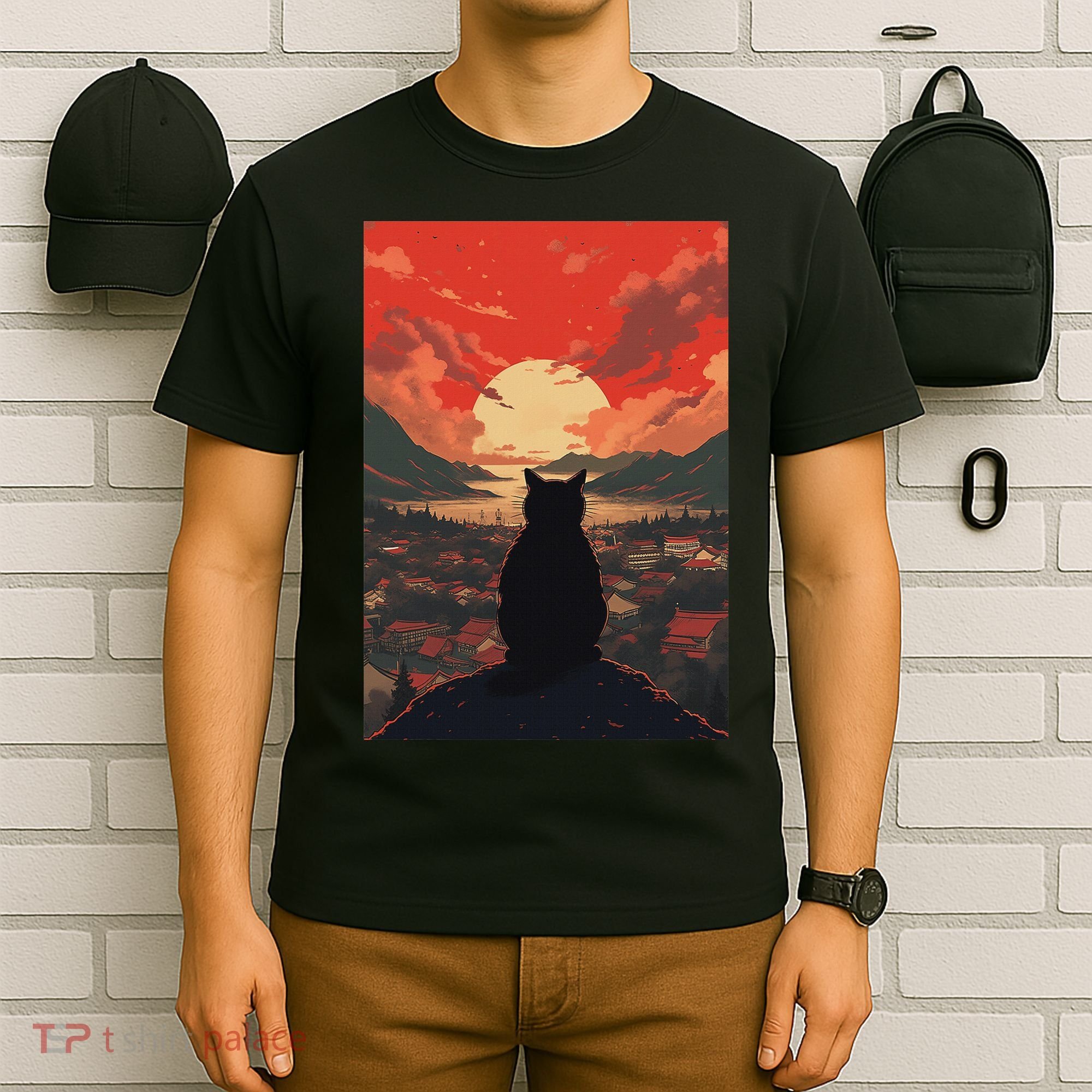 Catzilla In Japanese Sunset Vintage Funny Cat Art T-Shirt
