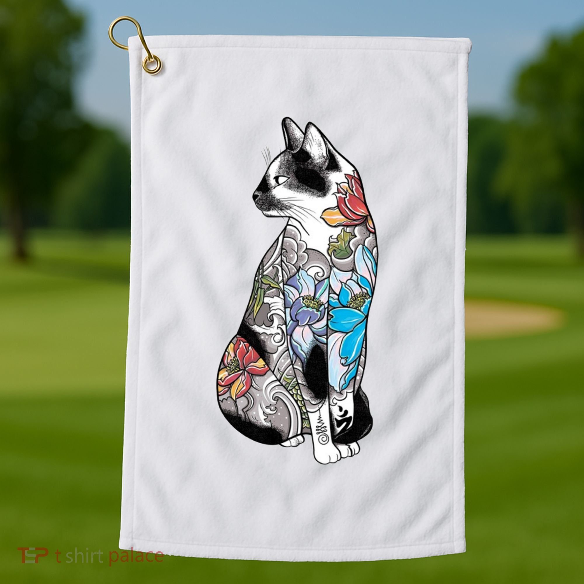 Cat In Lotus Tattoo Golf Towel