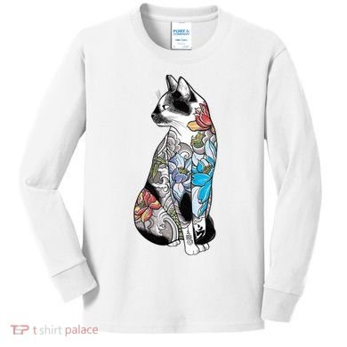 Cat In Lotus Tattoo Kids Long Sleeve Shirt