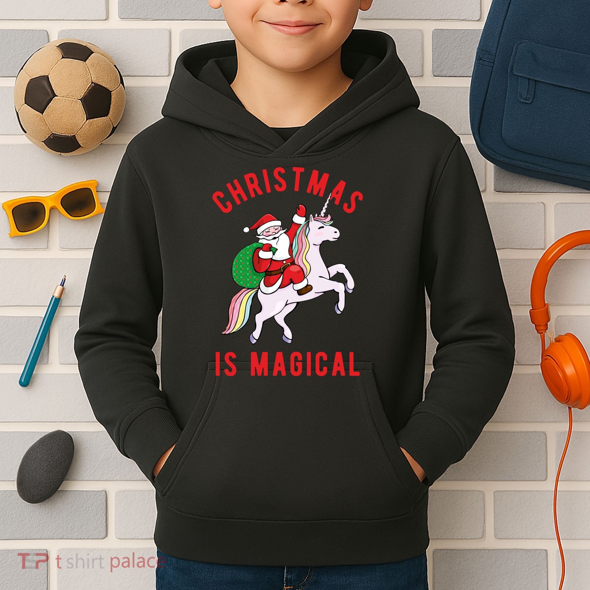 Christmas Is Magical Unicorn Santa Claus Kids Hoodie