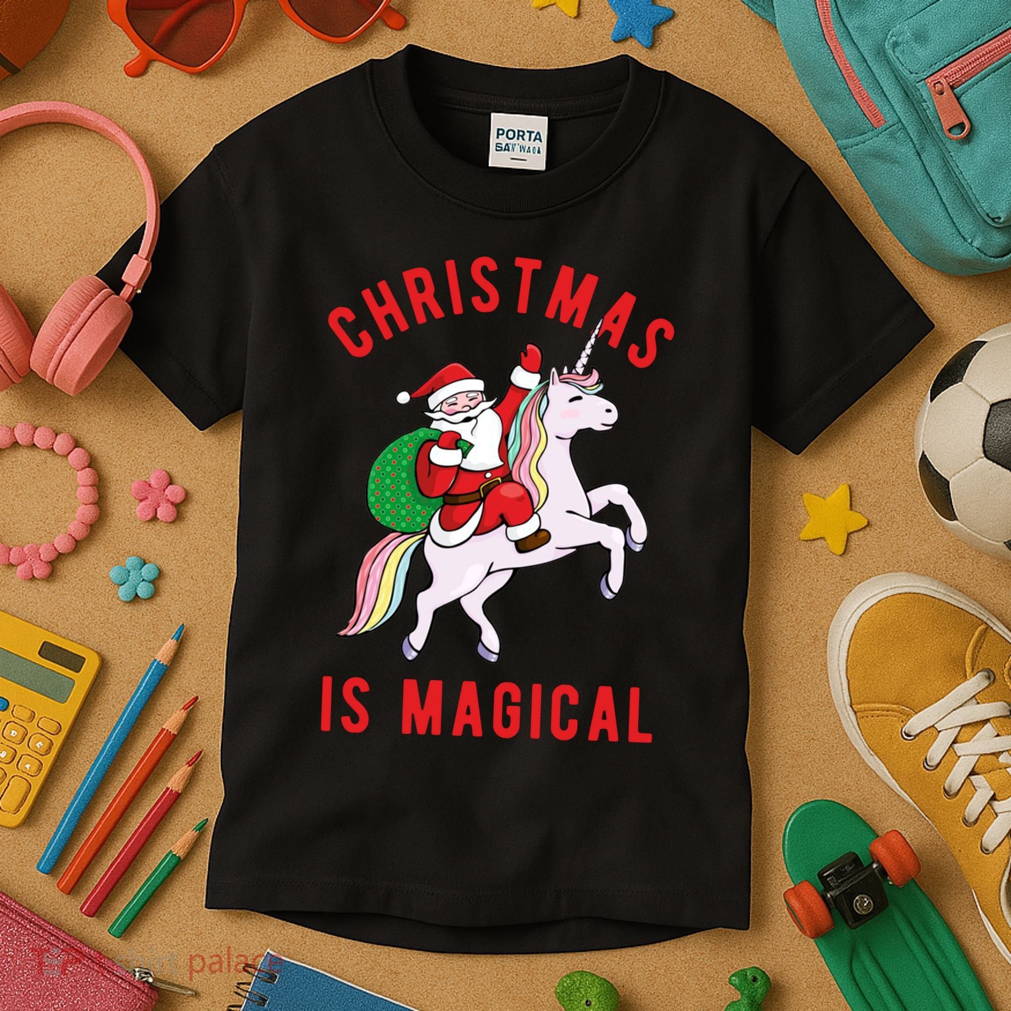 Christmas Is Magical Unicorn Santa Claus Kids T-Shirt
