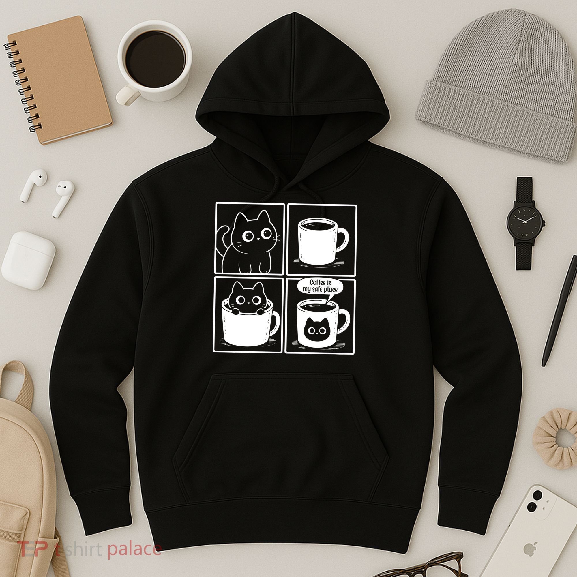 Coffee Is My Safe Place Cat Meme Hoodie