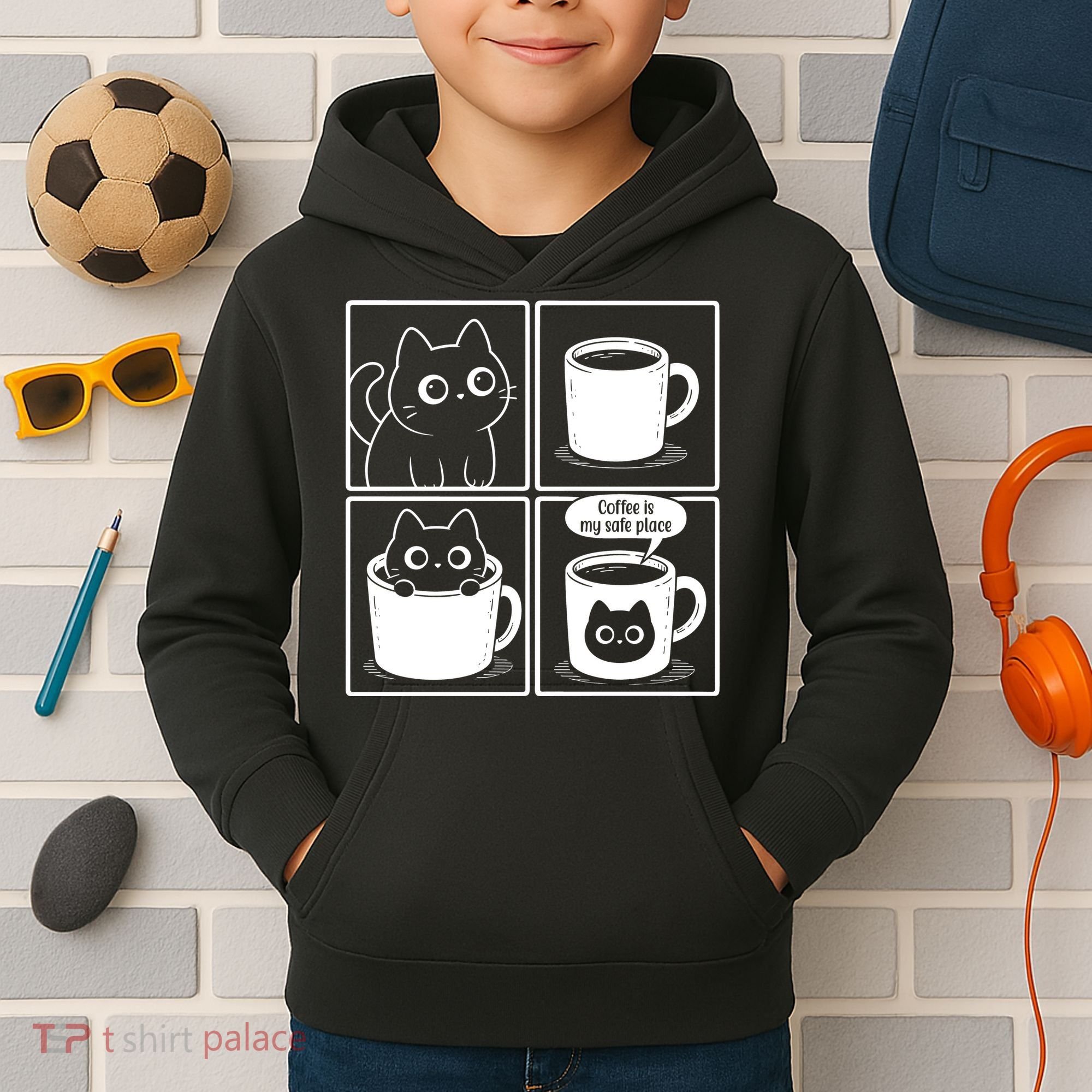 Coffee Is My Safe Place Cat Meme Kids Hoodie