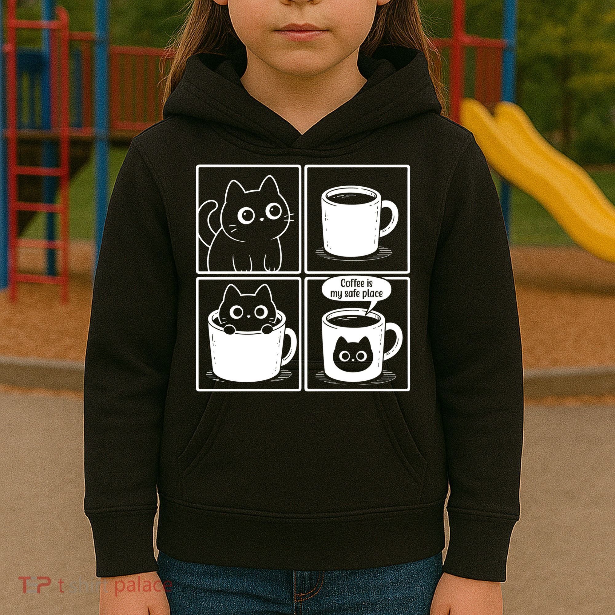 Coffee Is My Safe Place Cat Meme Kids Hoodie