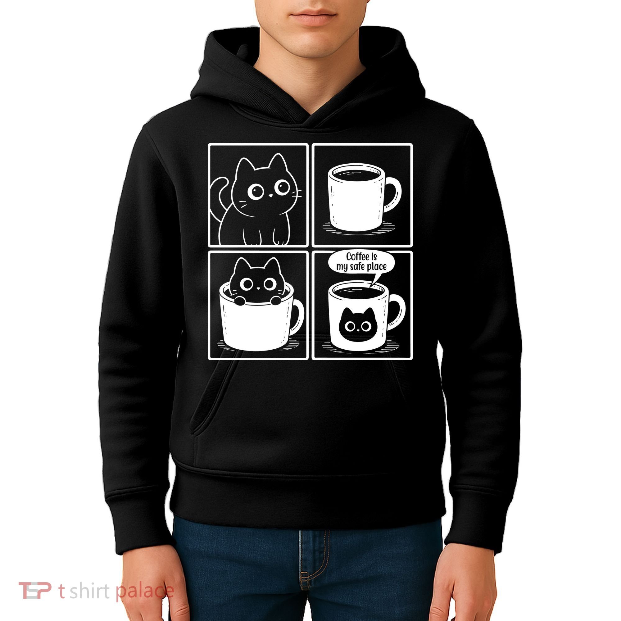 Coffee Is My Safe Place Cat Meme Kids Hoodie