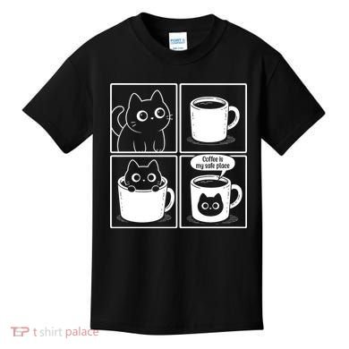 Coffee Is My Safe Place Cat Meme Kids T-Shirt