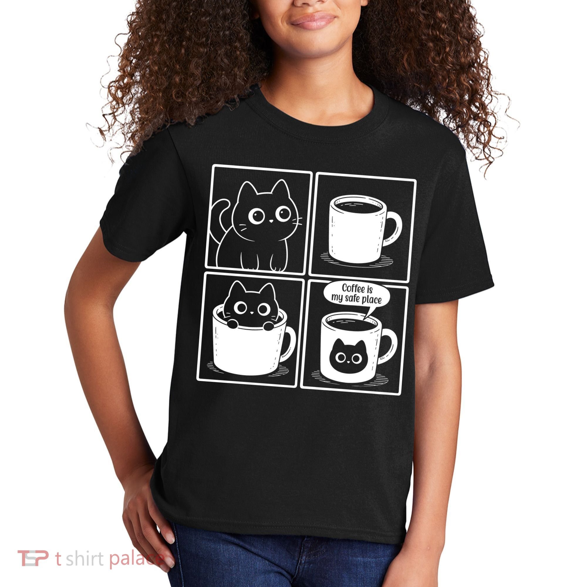Coffee Is My Safe Place Cat Meme Kids T-Shirt
