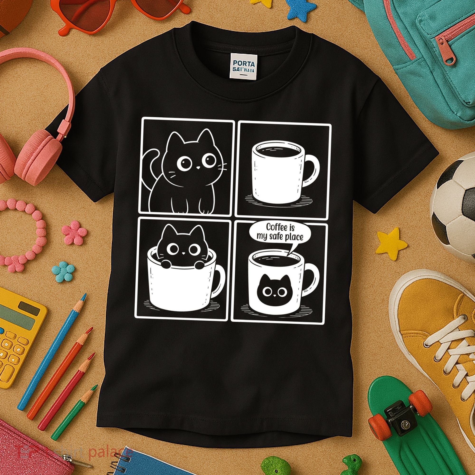 Coffee Is My Safe Place Cat Meme Kids T-Shirt