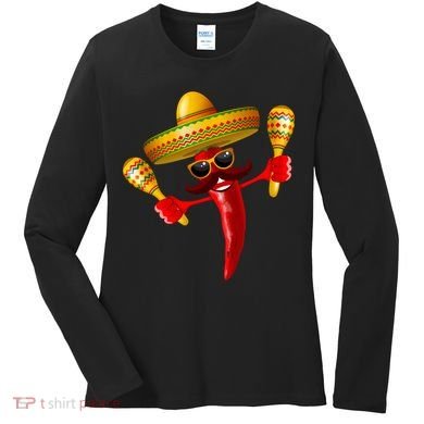 Cinco De Mayo Chili Pepper Dancing Moustache Mexican Women's Long Sleeve Shirt
