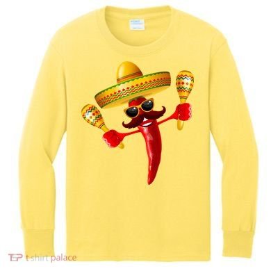 Cinco De Mayo Chili Pepper Dancing Moustache Mexican Kids Long Sleeve Shirt