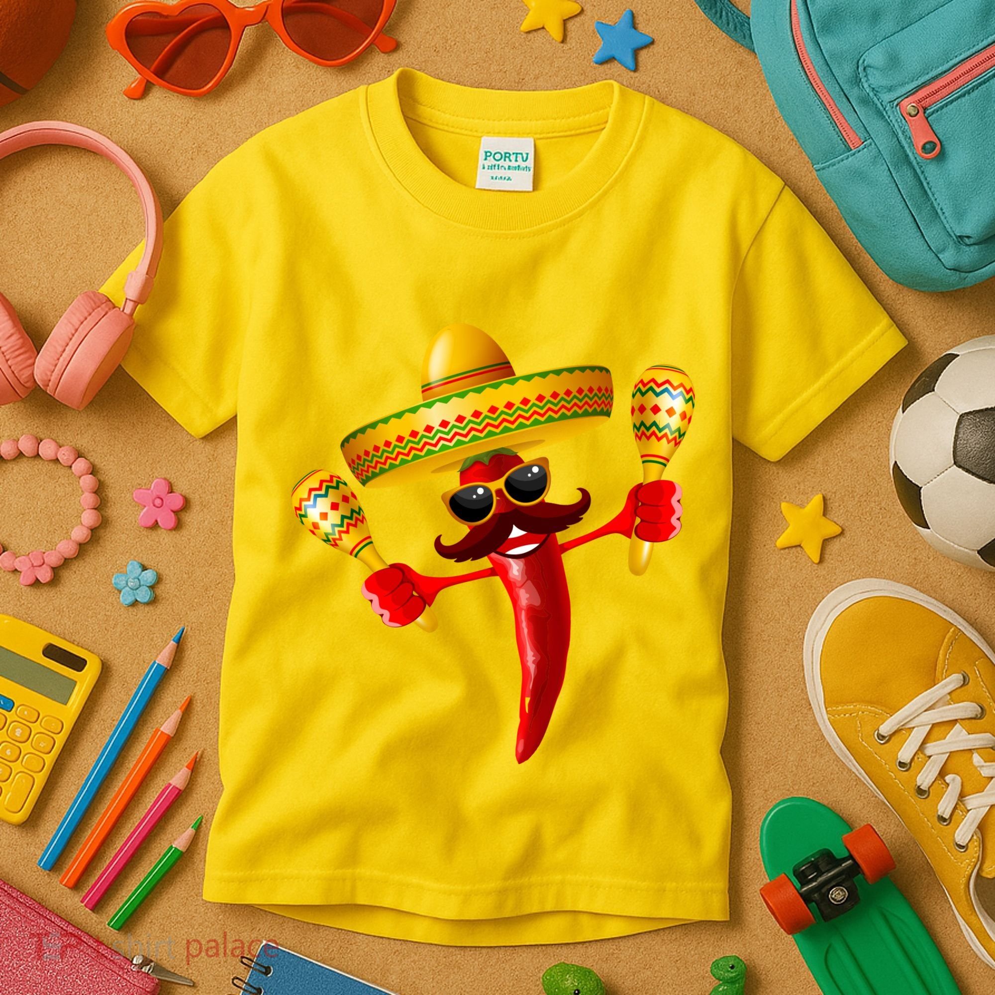 Cinco De Mayo Chili Pepper Dancing Moustache Mexican Kids T-Shirt