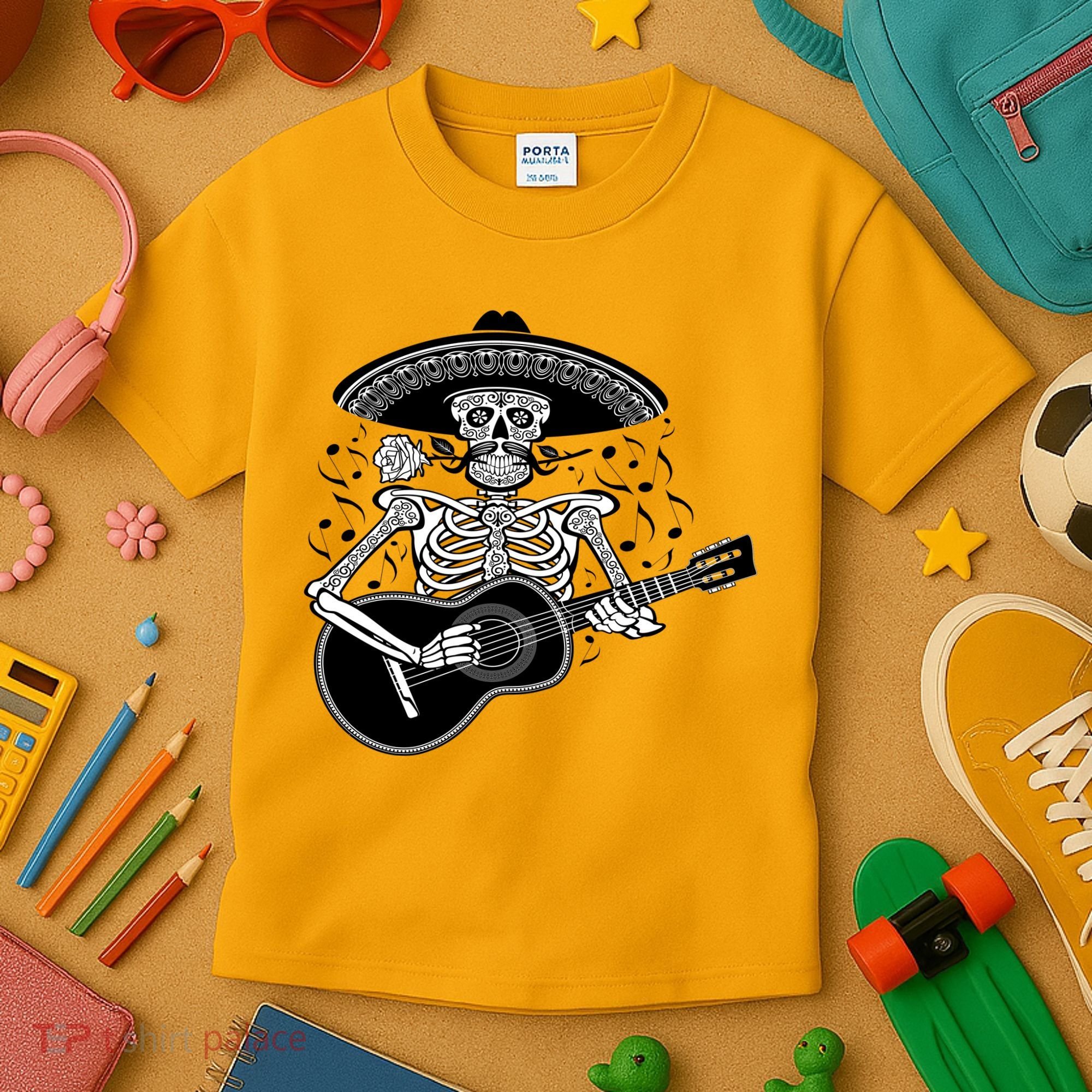 Cinco De Mayo Skeleton Playing the Guitar Kids T-Shirt