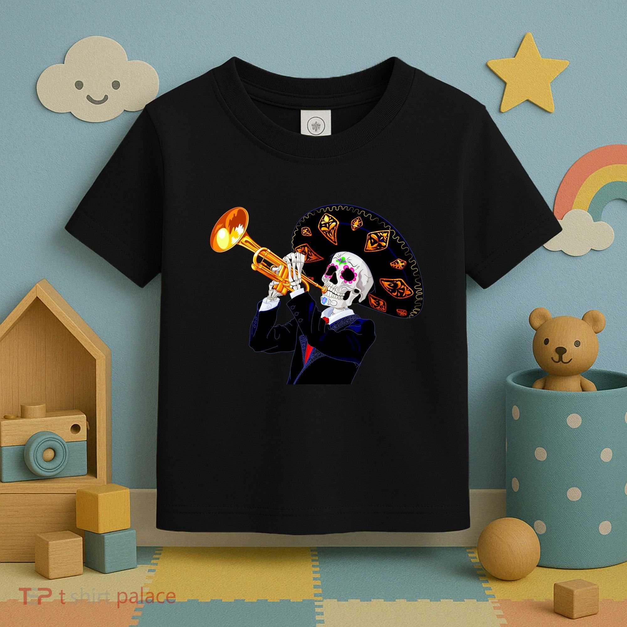 Cinco De Mayo Sugar Skull Playing Trumpet Toddler T-Shirt