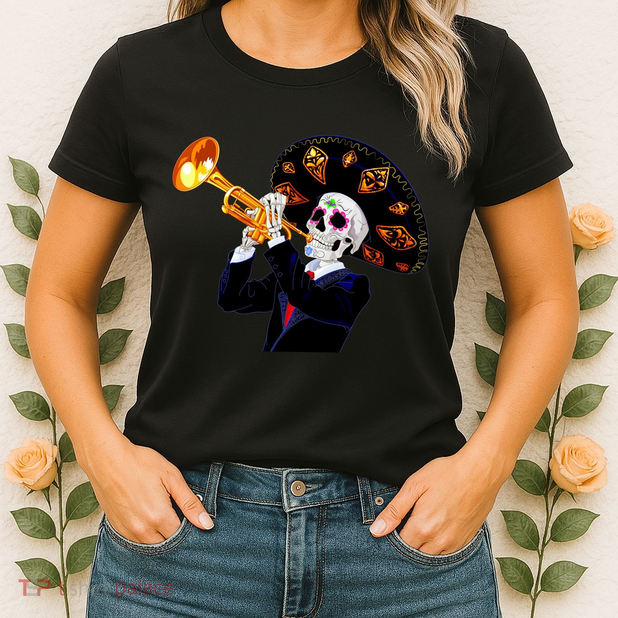 Cinco De Mayo Sugar Skull Playing Trumpet Women's T-Shirt