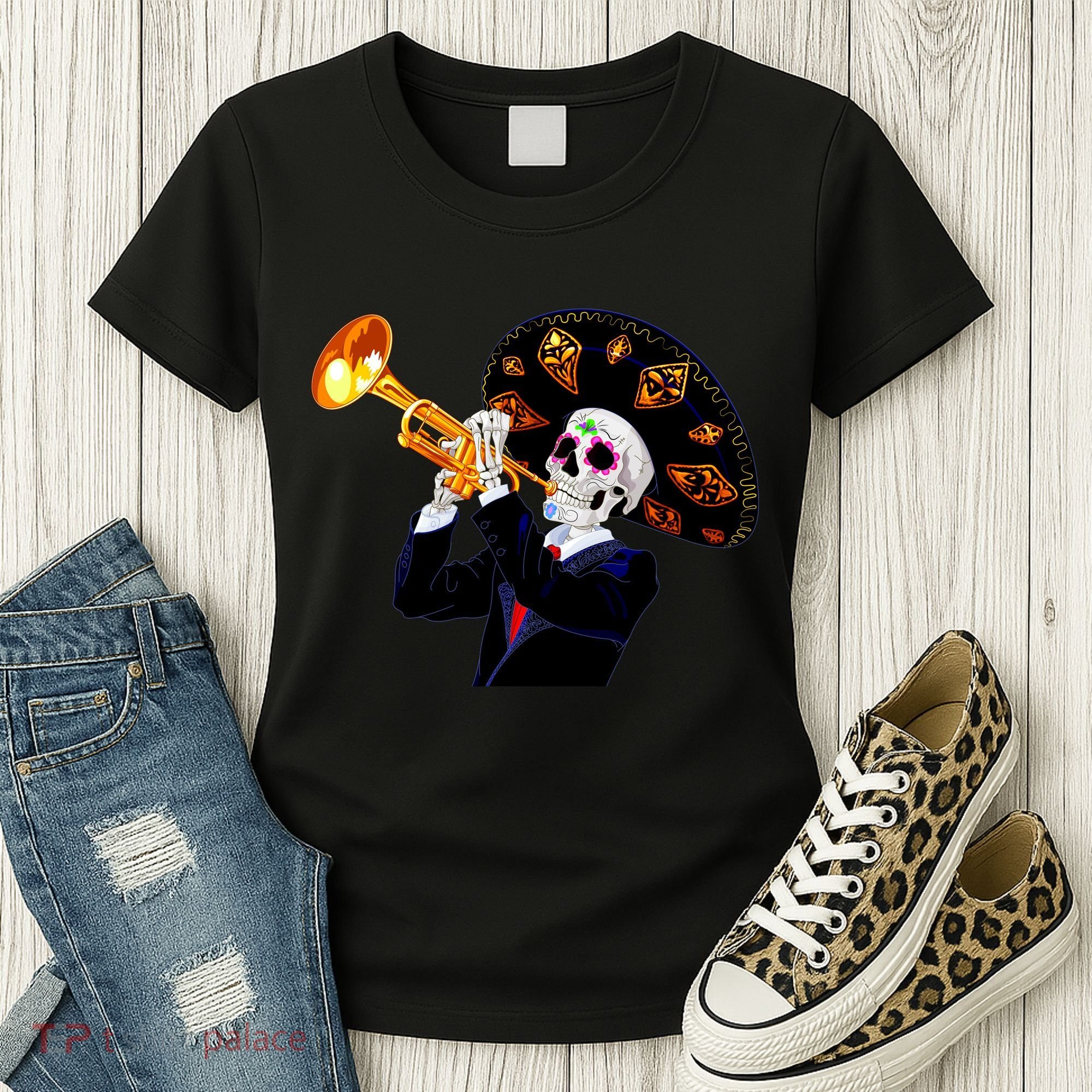 Cinco De Mayo Sugar Skull Playing Trumpet Women's T-Shirt