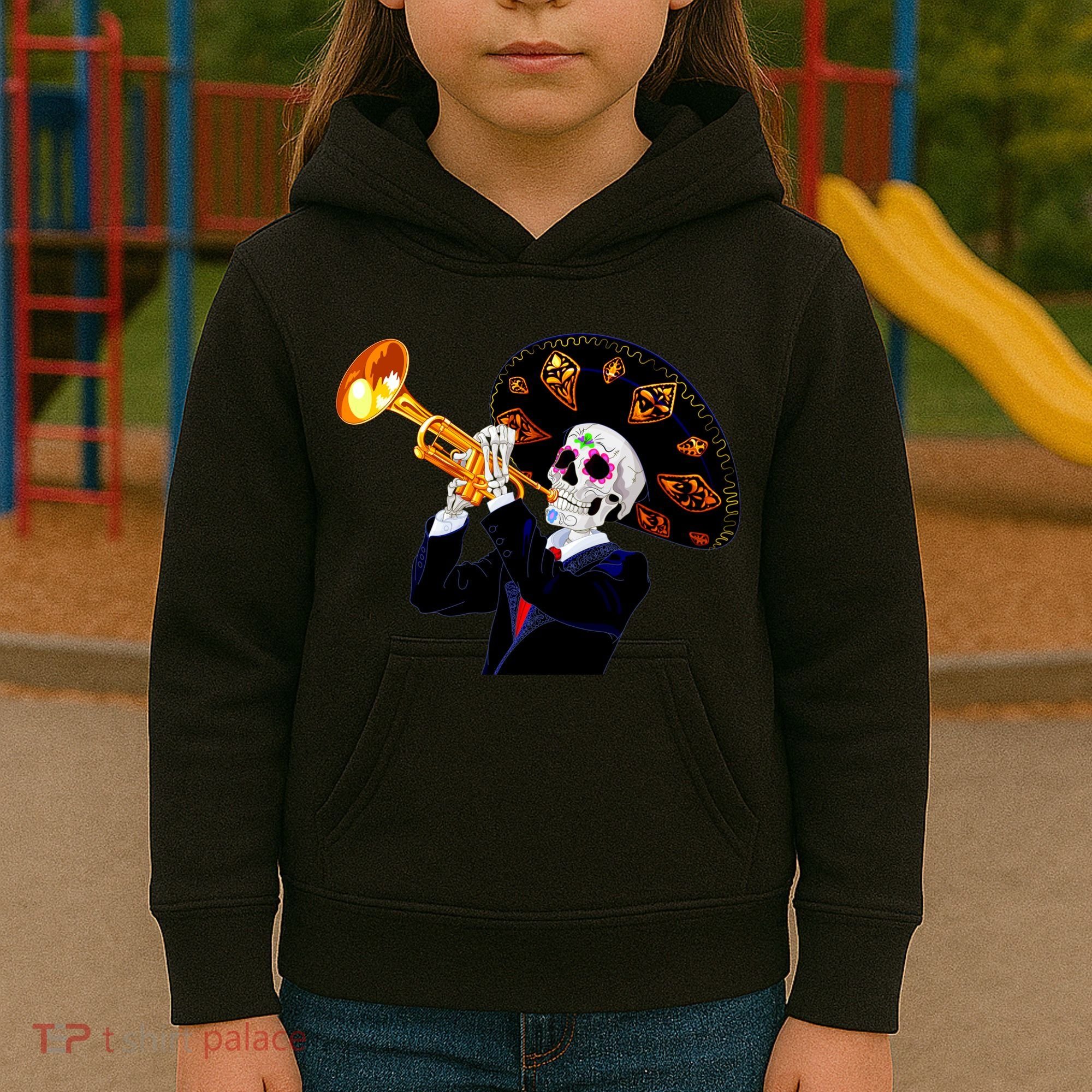 Cinco De Mayo Sugar Skull Playing Trumpet Kids Hoodie