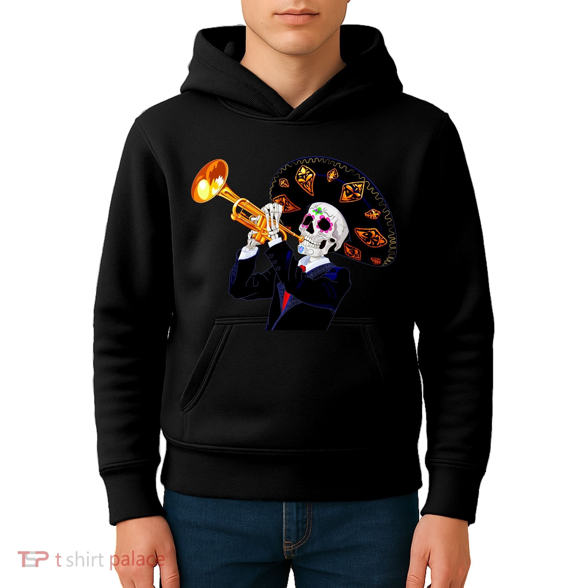 Cinco De Mayo Sugar Skull Playing Trumpet Kids Hoodie