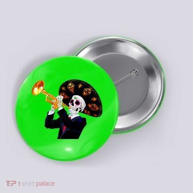 Cinco De Mayo Sugar Skull Playing Trumpet Button
