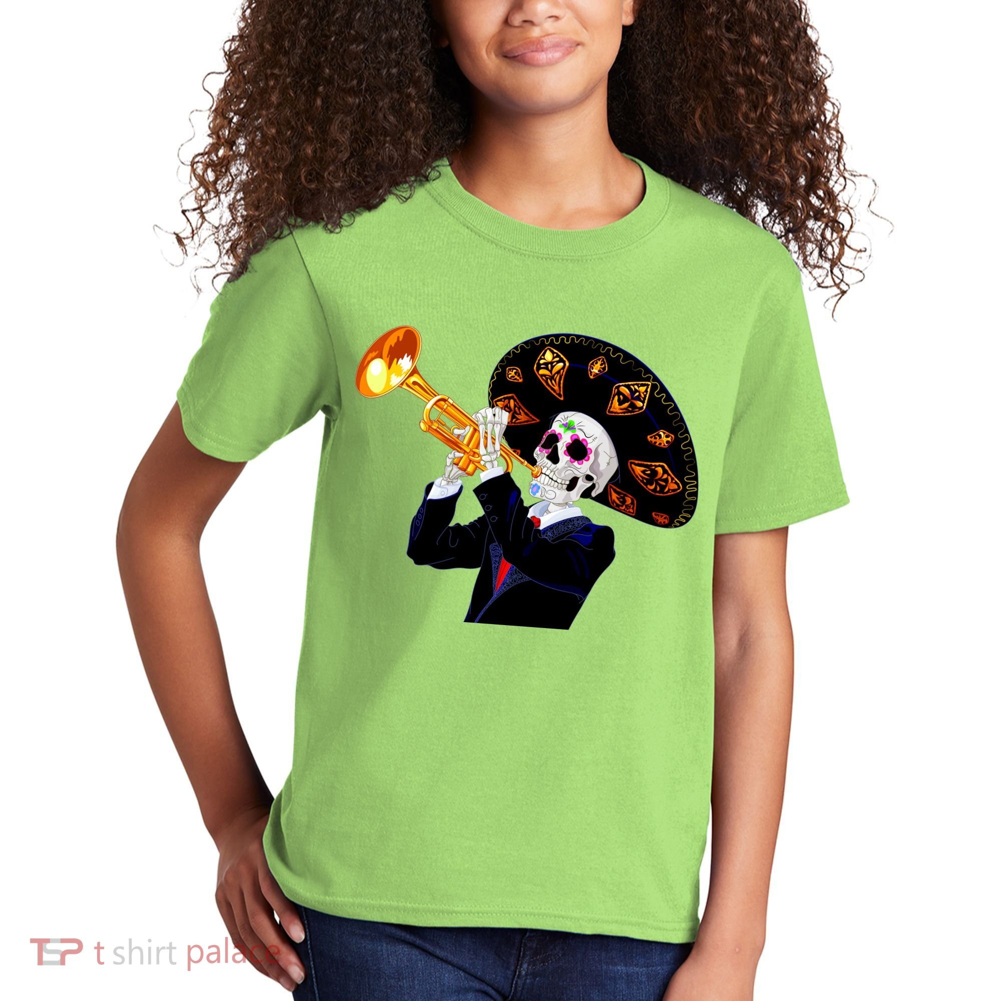 Cinco De Mayo Sugar Skull Playing Trumpet Kids T-Shirt