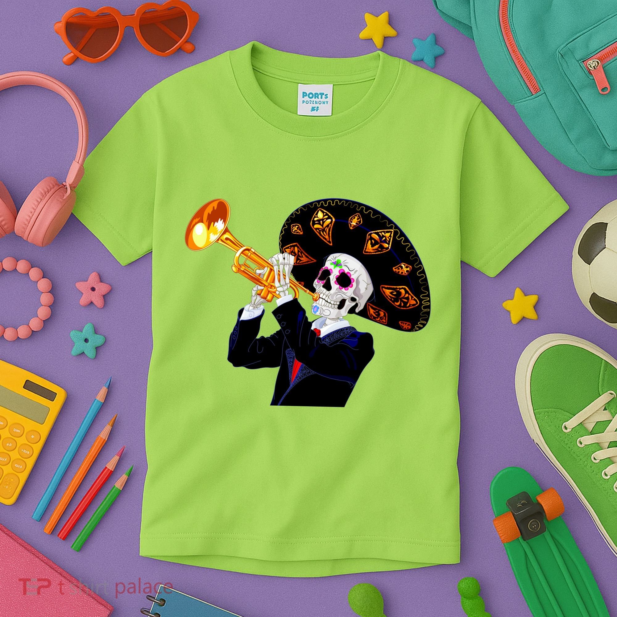 Cinco De Mayo Sugar Skull Playing Trumpet Kids T-Shirt
