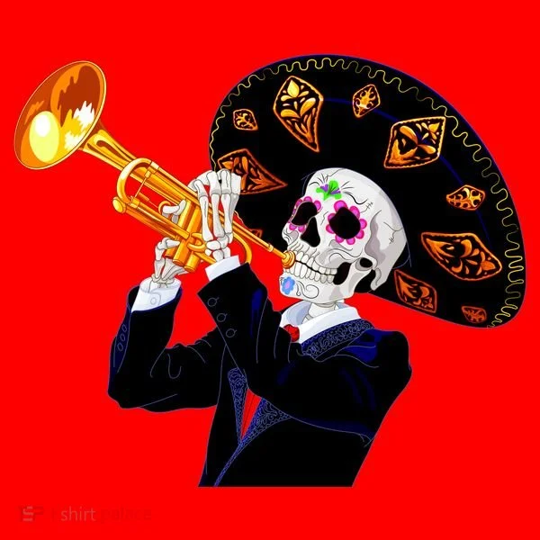 Cinco De Mayo Sugar Skull Playing Trumpet Santa Hat