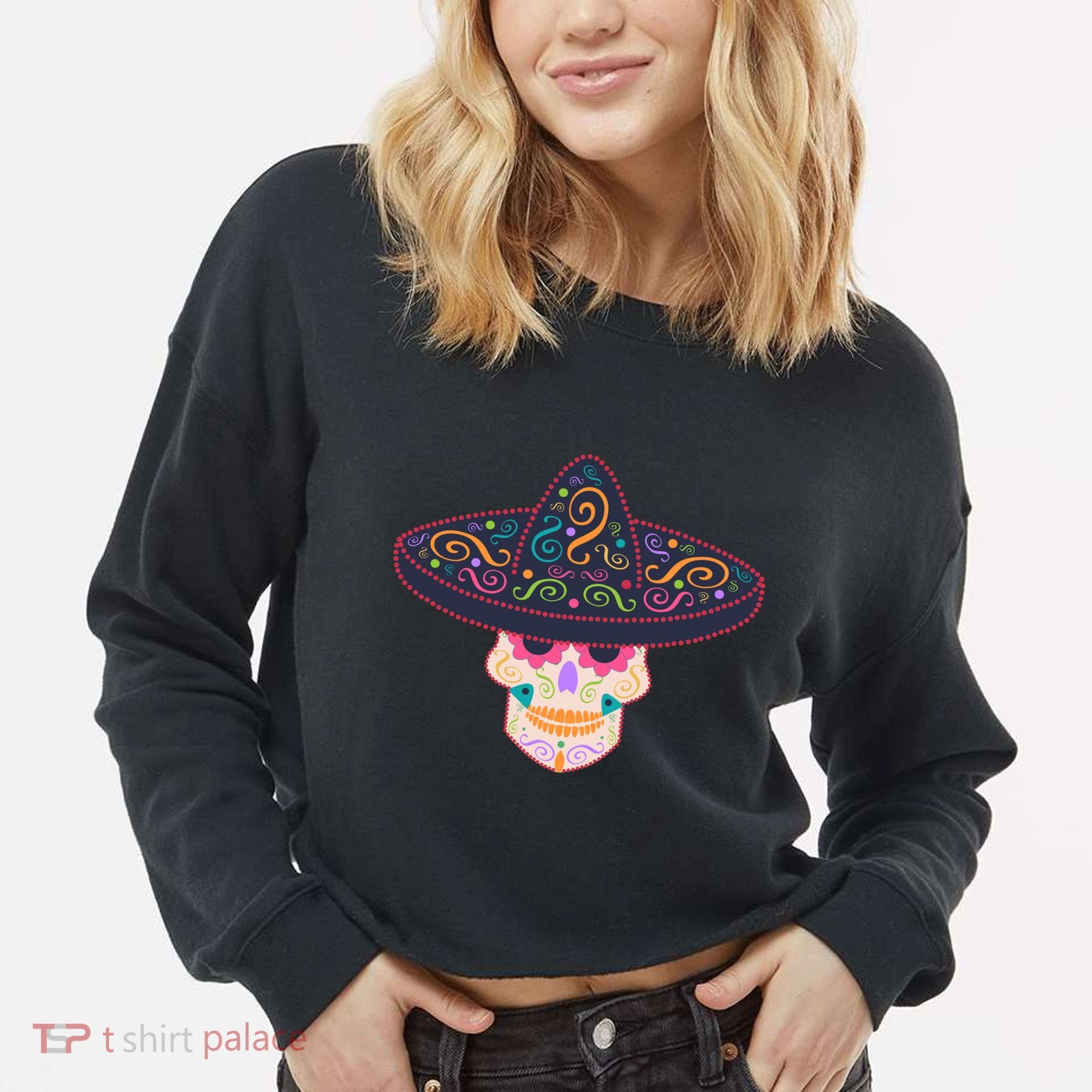 Cinco De Mayo Sugar Skull Sombrero Cropped Pullover Crew