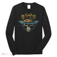 Cool Island Palm Trees Skull Beach Pirate Nautical Long Sleeve Shirt thumb 0