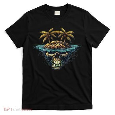 Cool Island Palm Trees Skull Beach Pirate Nautical T-Shirt