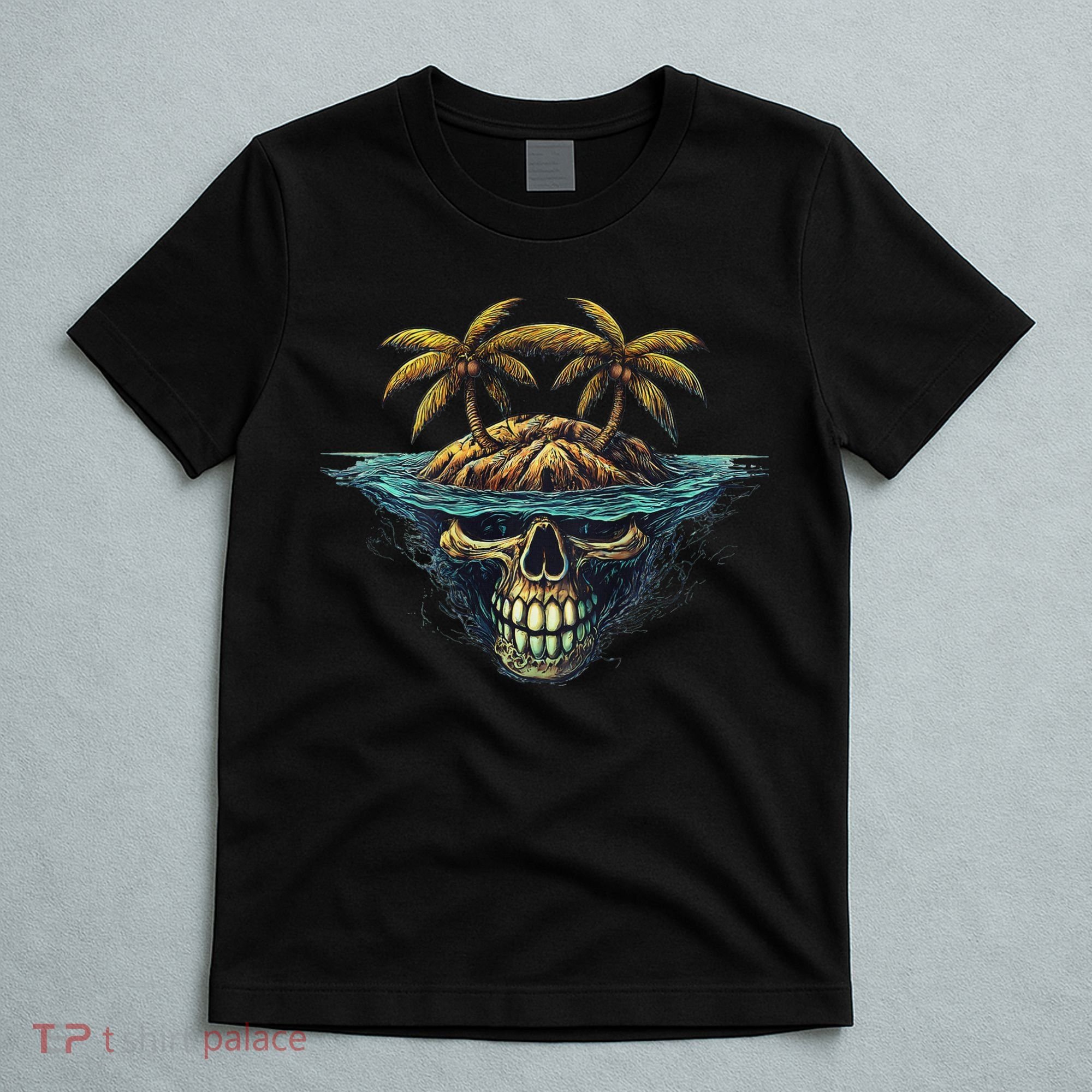 Cool Island Palm Trees Skull Beach Pirate Nautical T-Shirt