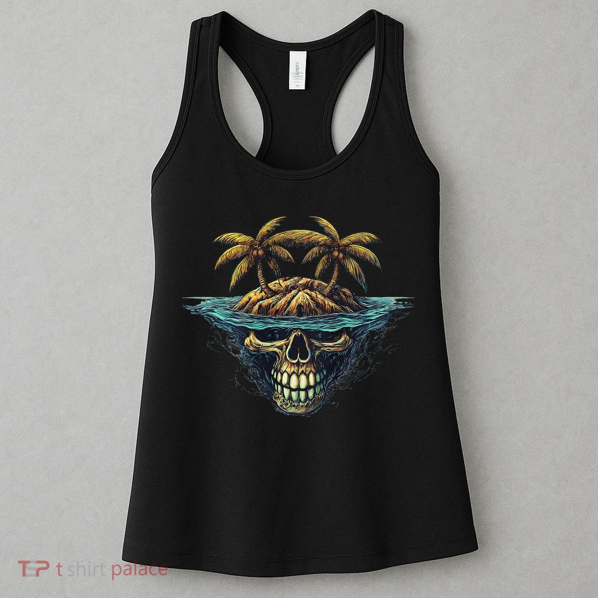 Cool Island Palm Trees Skull Beach Pirate Nautical Women's Tank Top