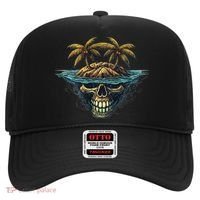 Cool Island Palm Trees Skull Beach Pirate Nautical Hat thumb 0
