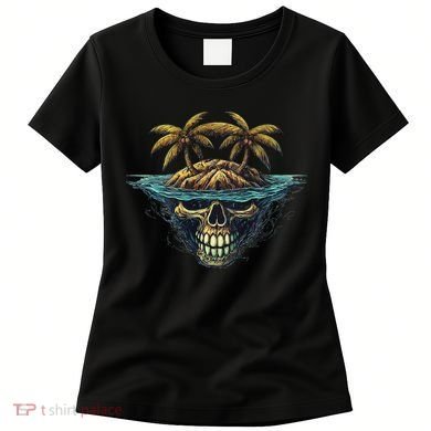 Cool Island Palm Trees Skull Beach Pirate Nautical Women's T-Shirt