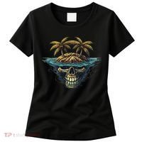 Cool Island Palm Trees Skull Beach Pirate Nautical Women's T-Shirt thumb 0
