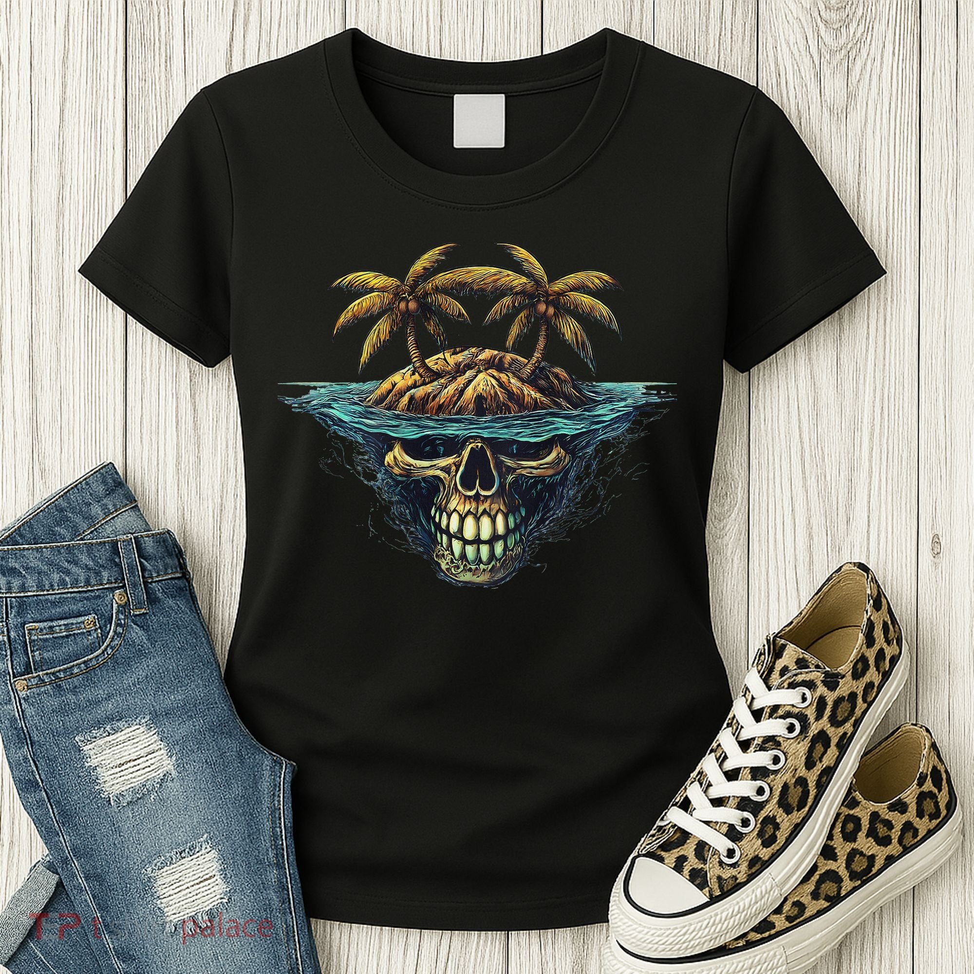 Cool Island Palm Trees Skull Beach Pirate Nautical Women's T-Shirt