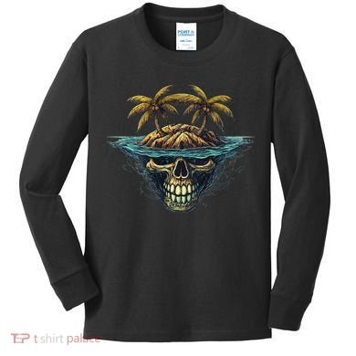 Cool Island Palm Trees Skull Beach Pirate Nautical Kids Long Sleeve Shirt