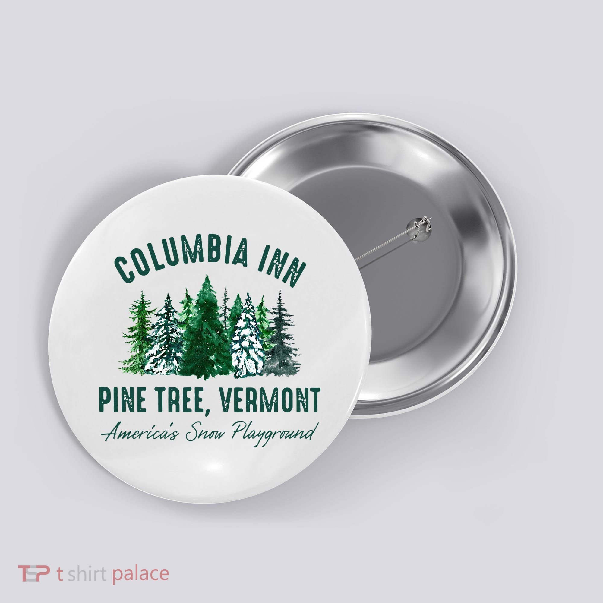Columbia Inn Pine Tree Vermont Merry Christmas Button