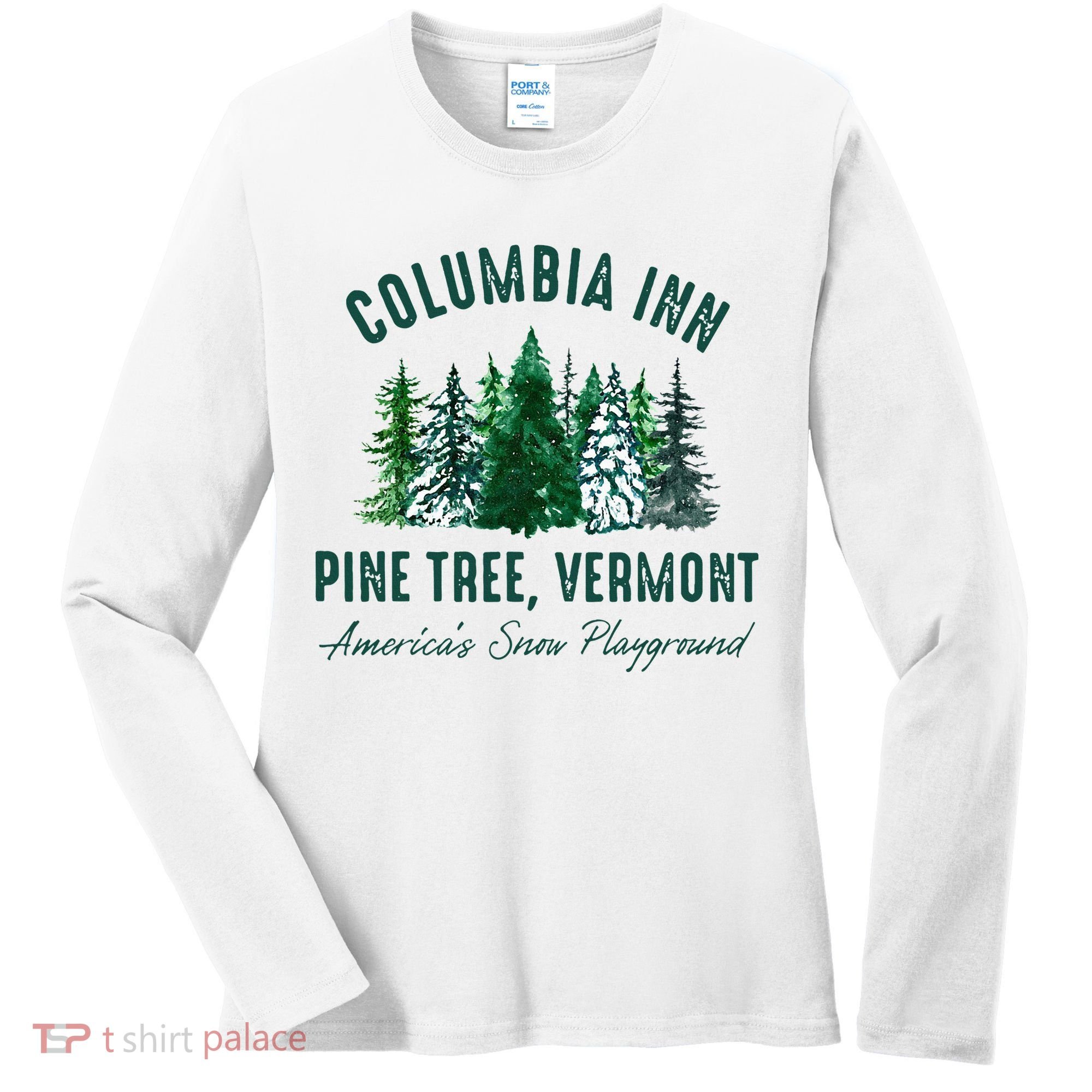Columbia Inn Pine Tree Vermont Merry Christmas Women's Long Sleeve Shirt