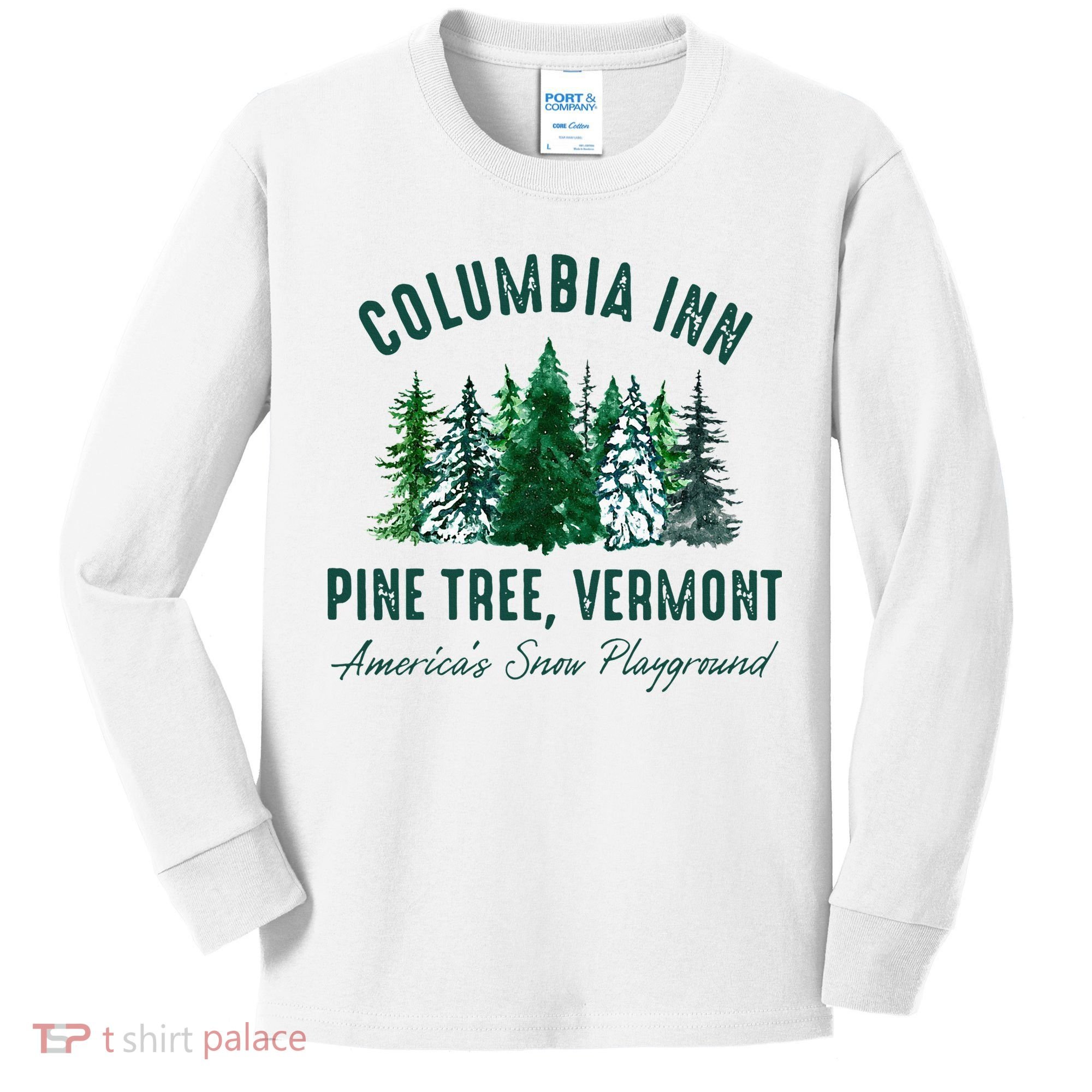 Columbia Inn Pine Tree Vermont Merry Christmas Kids Long Sleeve Shirt