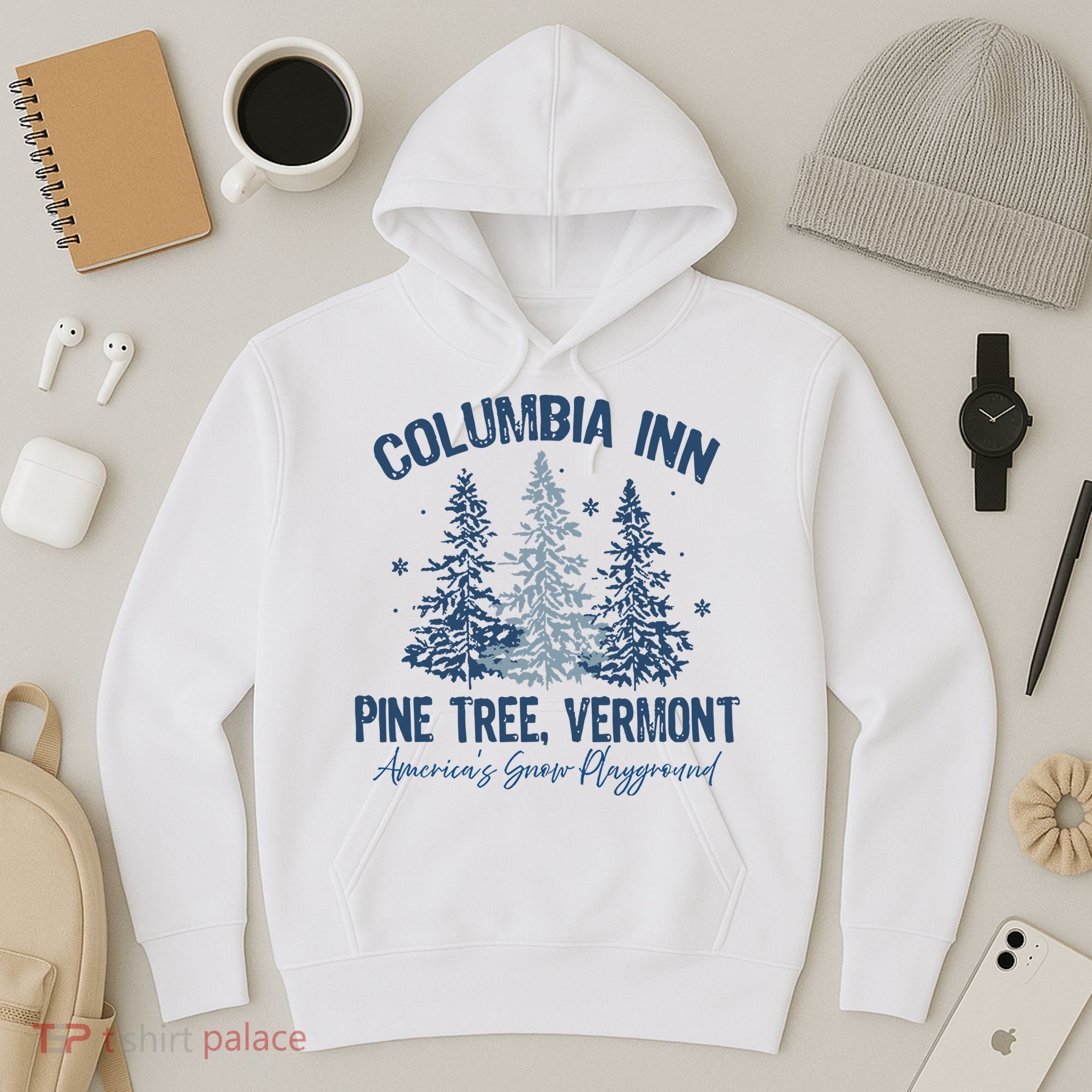 Columbia Inn Pine Tree Vermont Always A White Christmas Hoodie