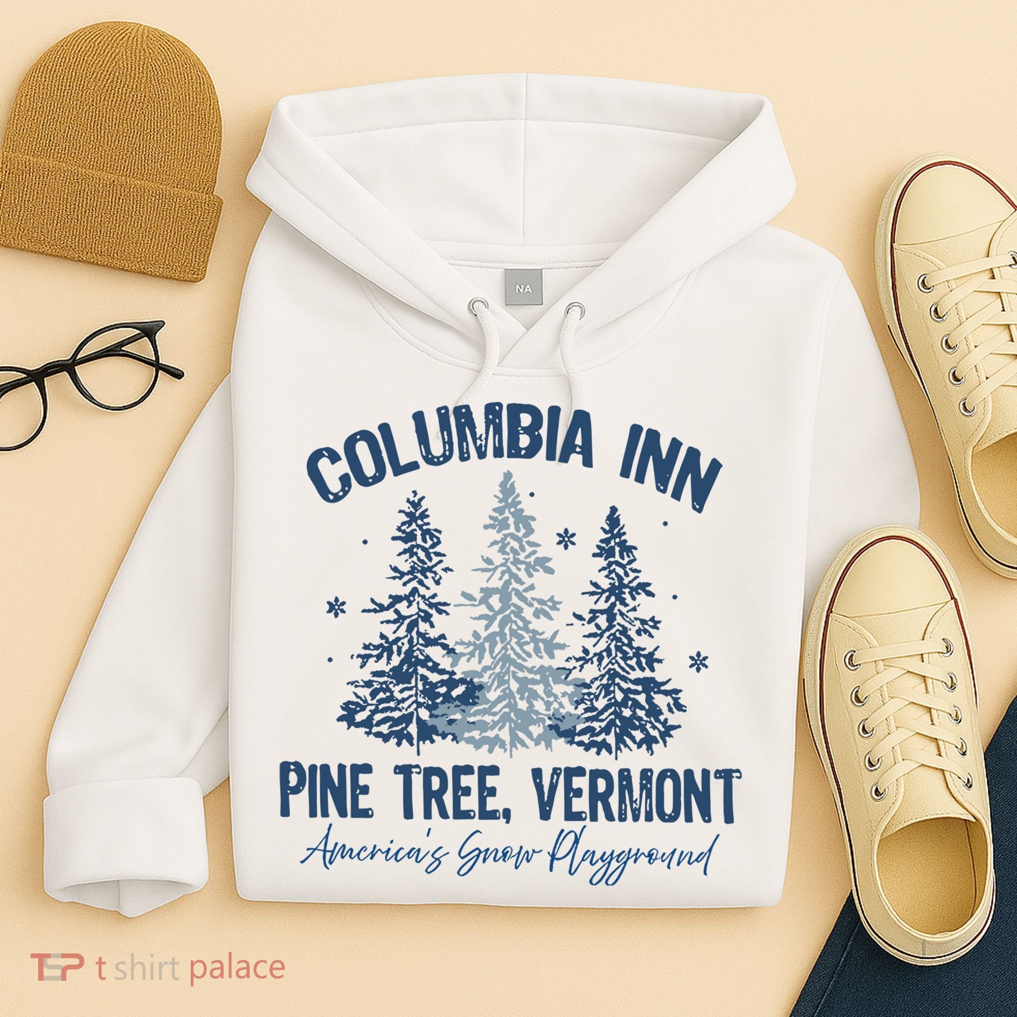 Columbia Inn Pine Tree Vermont Always A White Christmas Hoodie