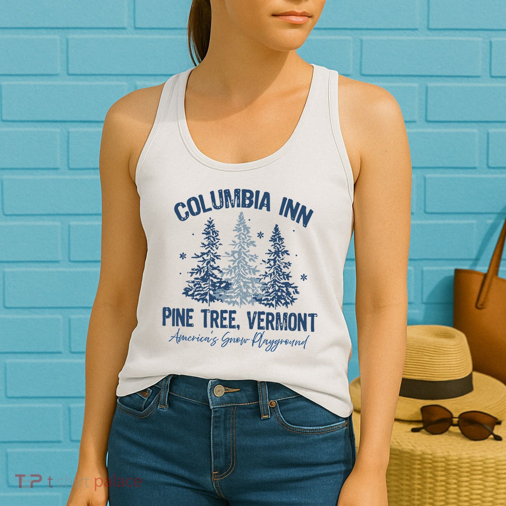 Columbia Inn Pine Tree Vermont Always A White Christmas Women's Tank Top