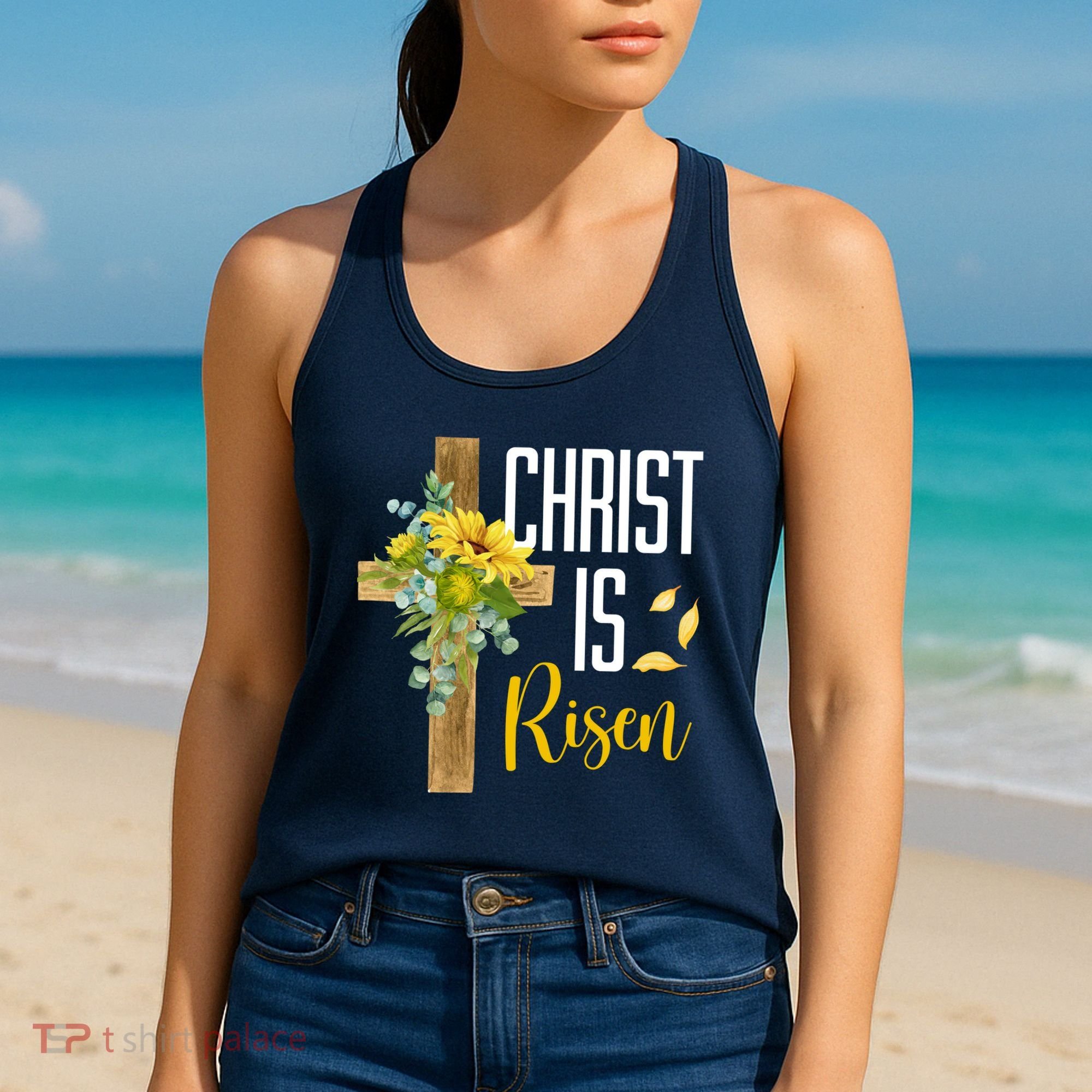 Christ Is Risen Sunflower Cross Easter Women's Tank Top