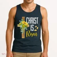 Christ Is Risen Sunflower Cross Easter Tank Top thumb 3