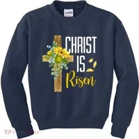 Christ Is Risen Sunflower Cross Easter Kids Sweatshirt thumb 0