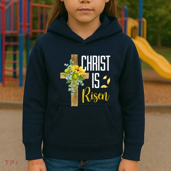 Christ Is Risen Sunflower Cross Easter Kids Hoodie