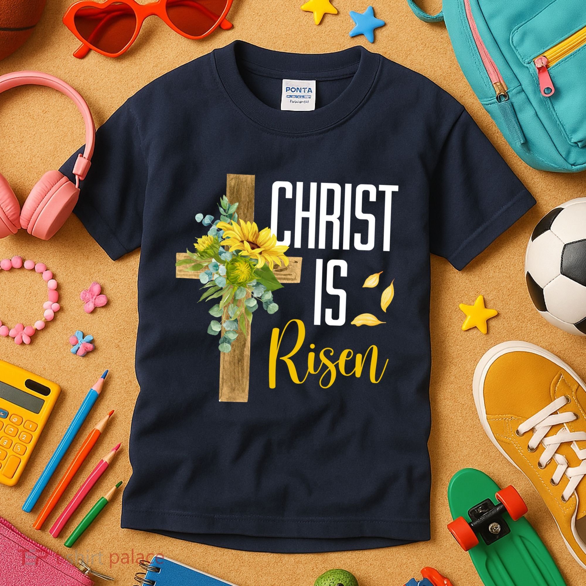 Christ Is Risen Sunflower Cross Easter Kids T-Shirt