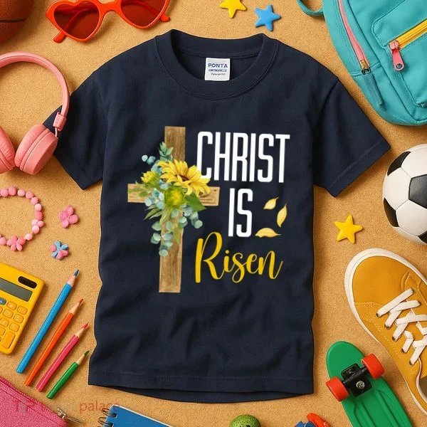 Christ Is Risen Sunflower Cross Easter Kids T-Shirt
