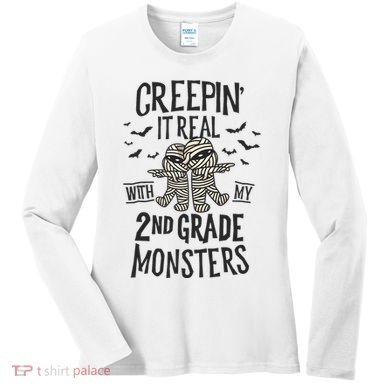 Creepin It Real With My 2nd Grade Monsters Halloween Teacher Women's Long Sleeve Shirt