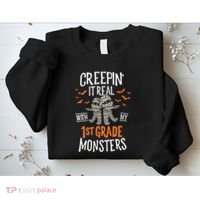 Creepin It Real With My 1st Grade Monsters Halloween Teacher Sweatshirt thumb 2